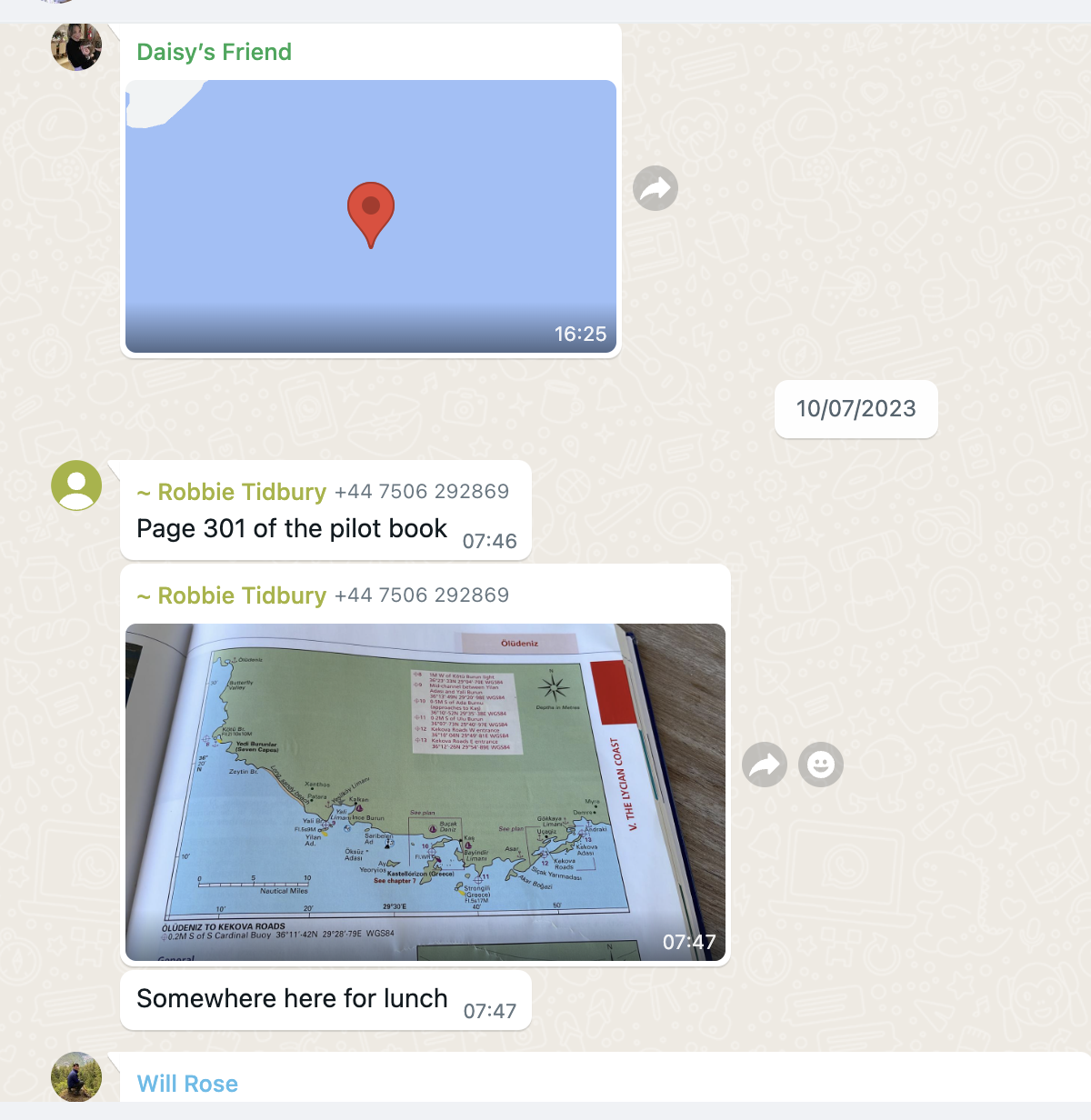 WhatsApp coordination between boats - location sharing, pilot book references, and real-time planning during the sailing trip